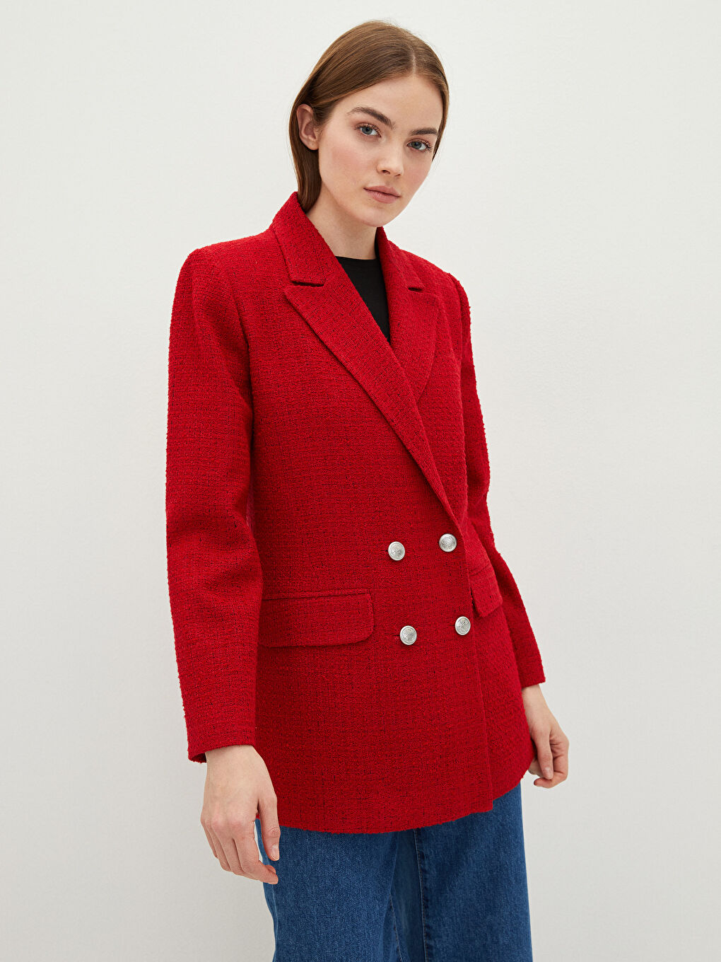 Buttoned Regular Long Sleeve Tweed Fabric Women's Jacket-2