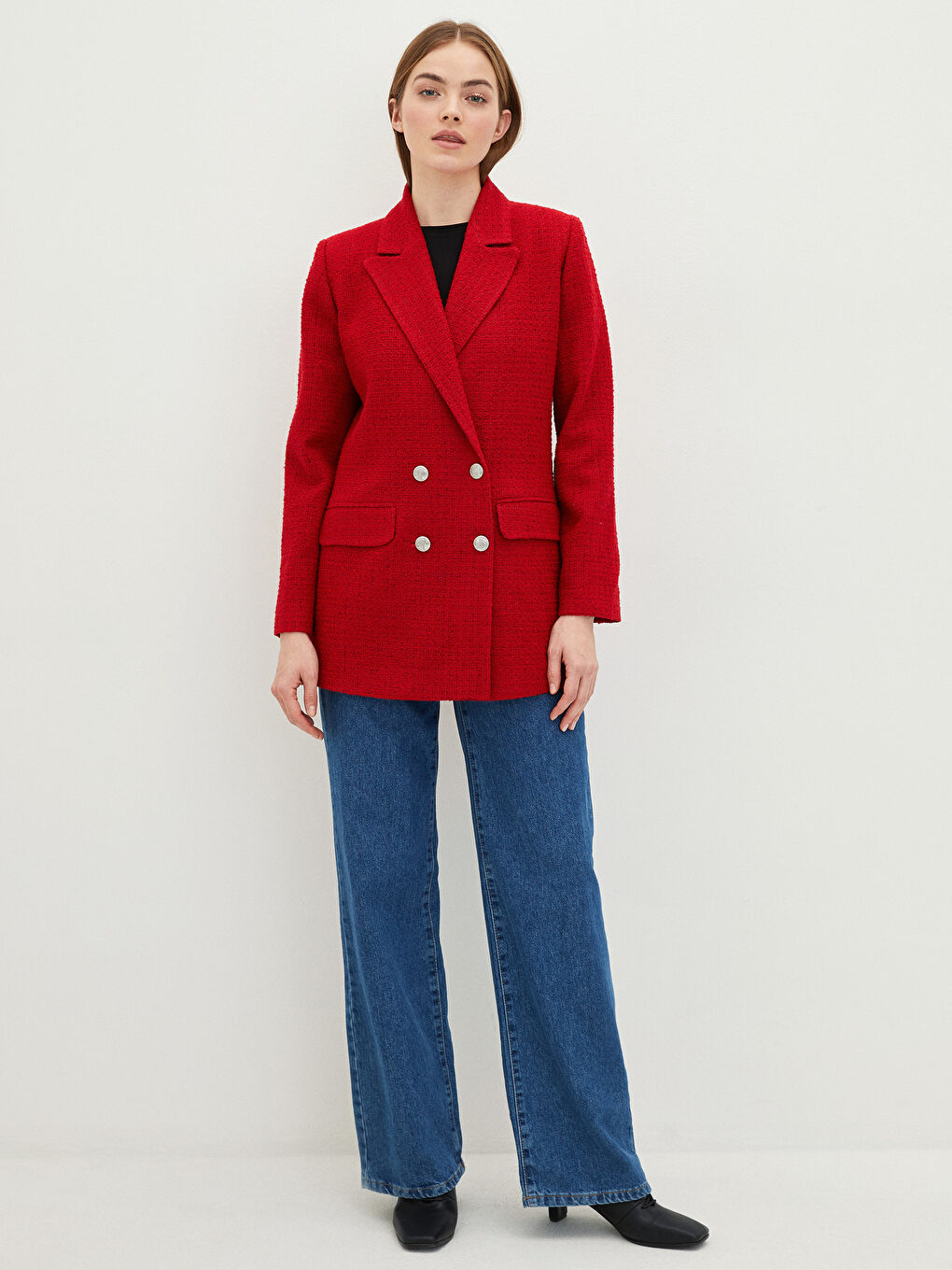 Buttoned Regular Long Sleeve Tweed Fabric Women's Jacket-3
