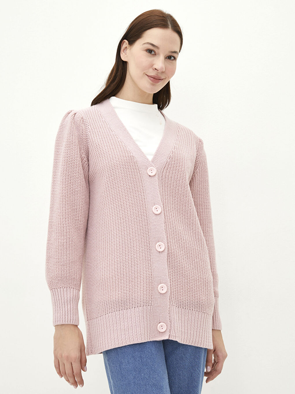 Pembe V Yaka Kadın Triko Hırka