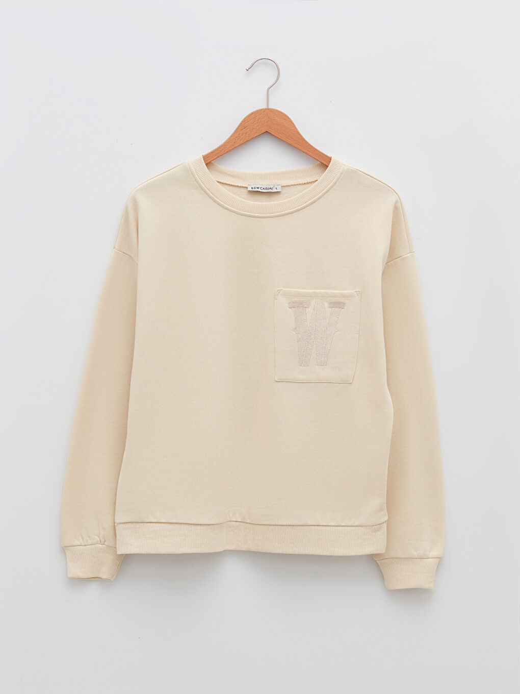 Bej Bisiklet Yaka Nakışlı Uzun Kollu Kadın Sweatshirt-4