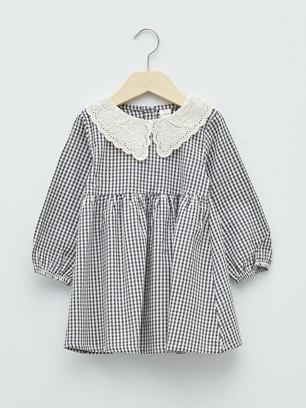 Baby Collar Long Sleeve Checked Patterned Cotton Baby Girl Dress