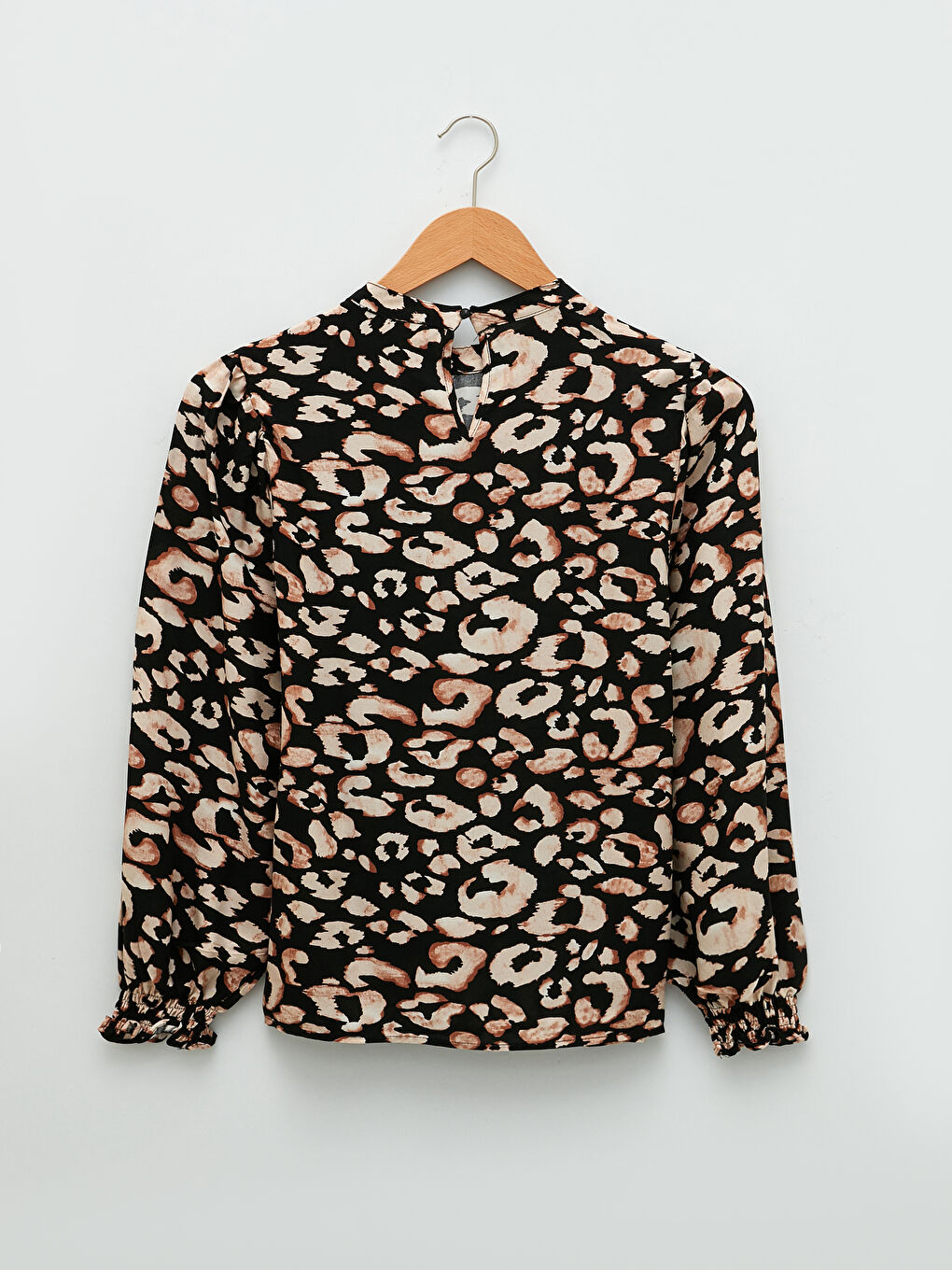 Bej Bisiklet Yaka Desenli Uzun Kollu Viskon Kadın Bluz-5