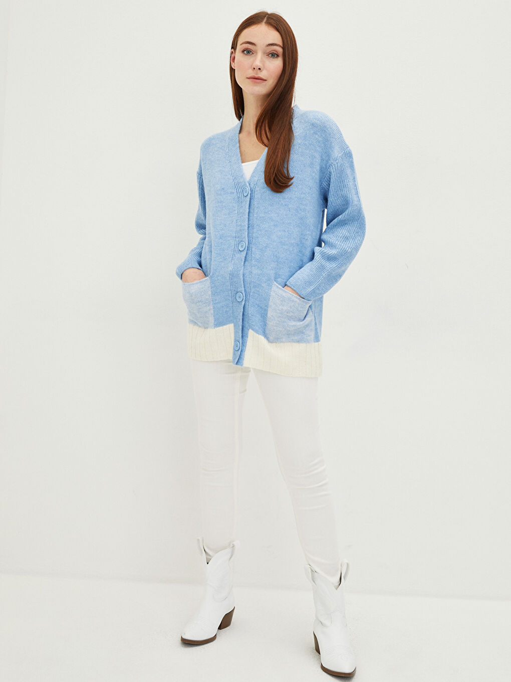 V Yaka Renk Bloklu Uzun Kollu Kadın Triko Hırka-1