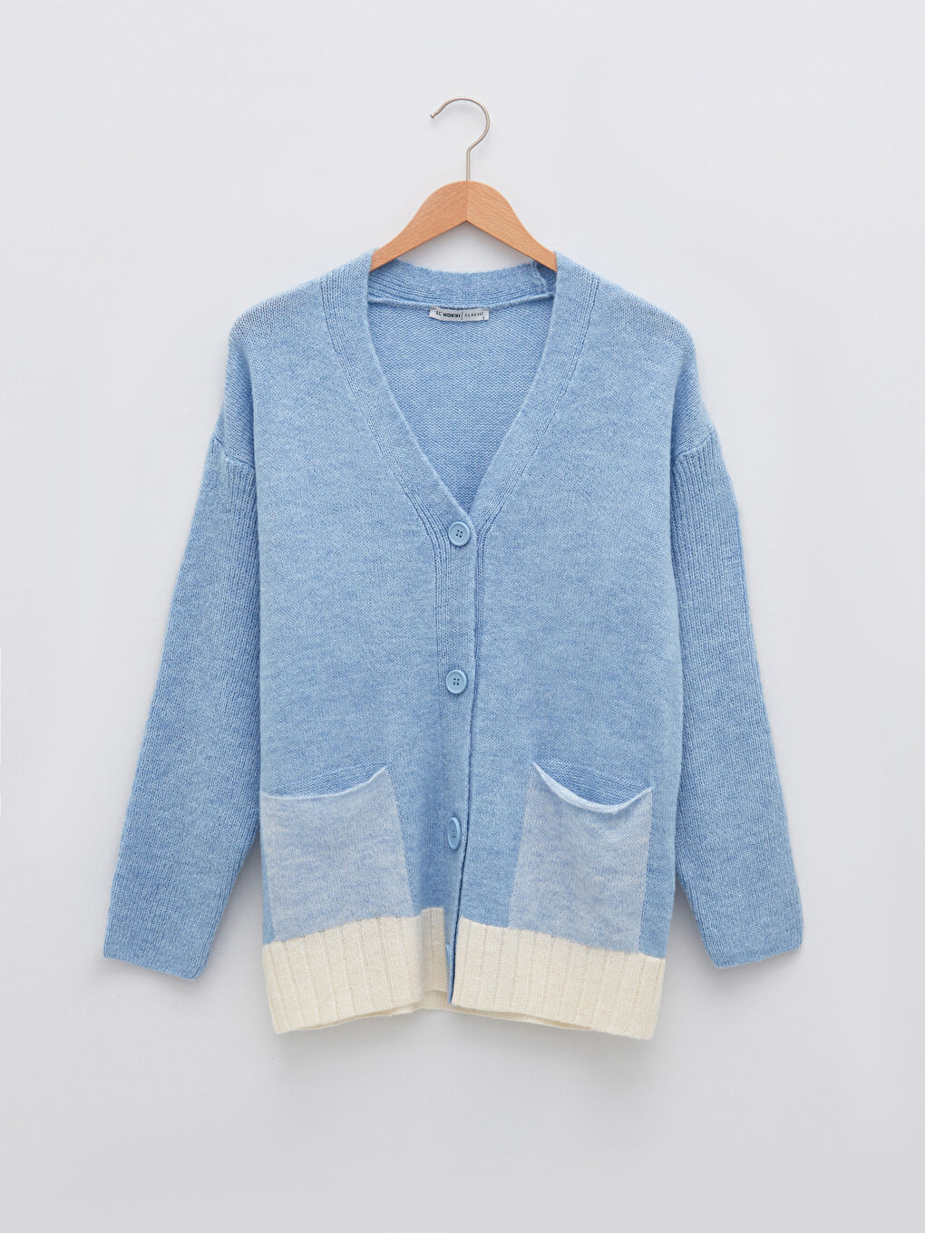 V Yaka Renk Bloklu Uzun Kollu Kadın Triko Hırka-4