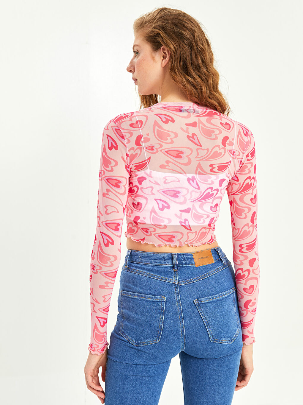 Pembe Bisiklet Yaka Desenli Uzun Kollu Kadın Crop-5