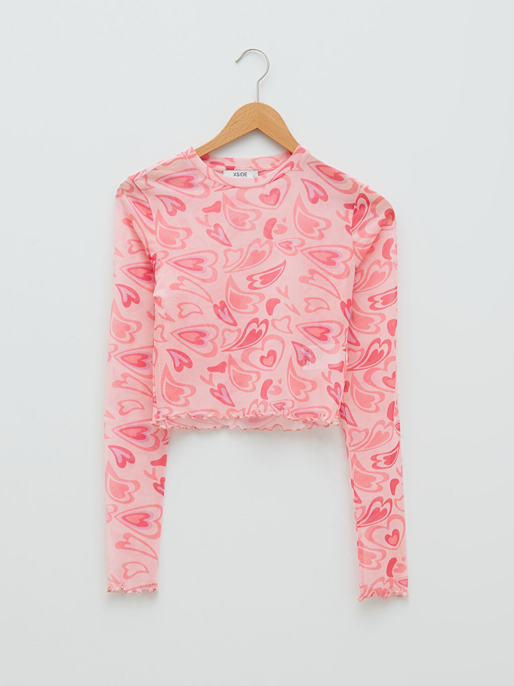 Pembe Bisiklet Yaka Desenli Uzun Kollu Kadın Crop-6