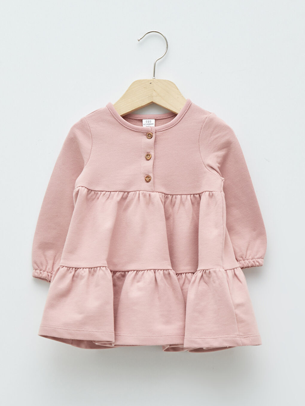 Pembe Bisiklet Yaka Uzun Kollu Basic Kız Bebek Elbise