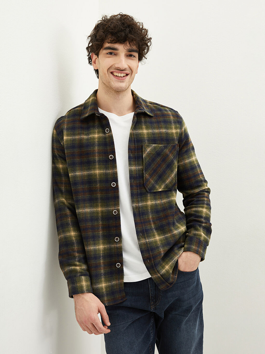 Yeşil Regular Fit Uzun Kollu Ekose Erkek Oduncu Gömlek