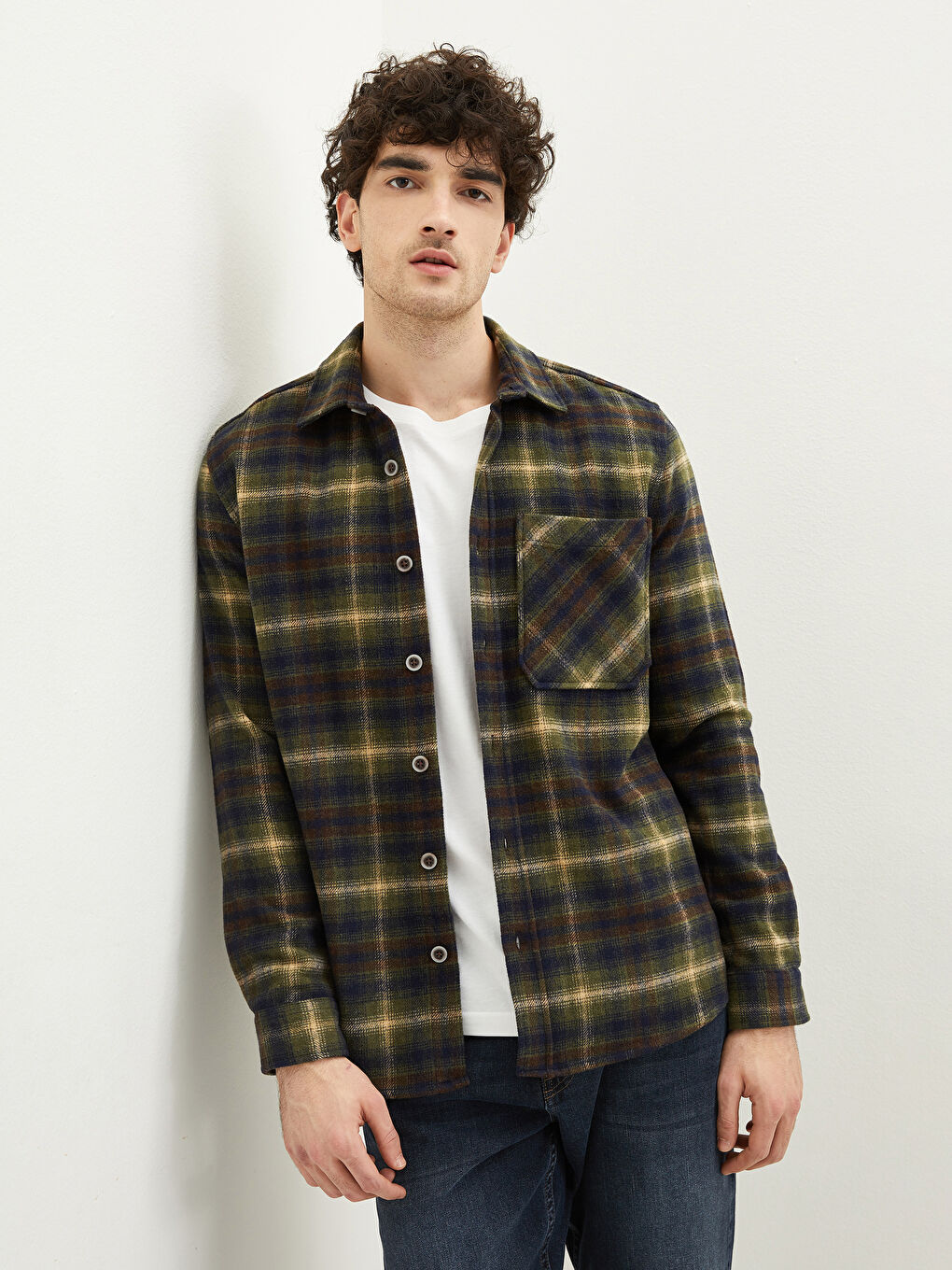 Yeşil Regular Fit Uzun Kollu Ekose Erkek Oduncu Gömlek-1