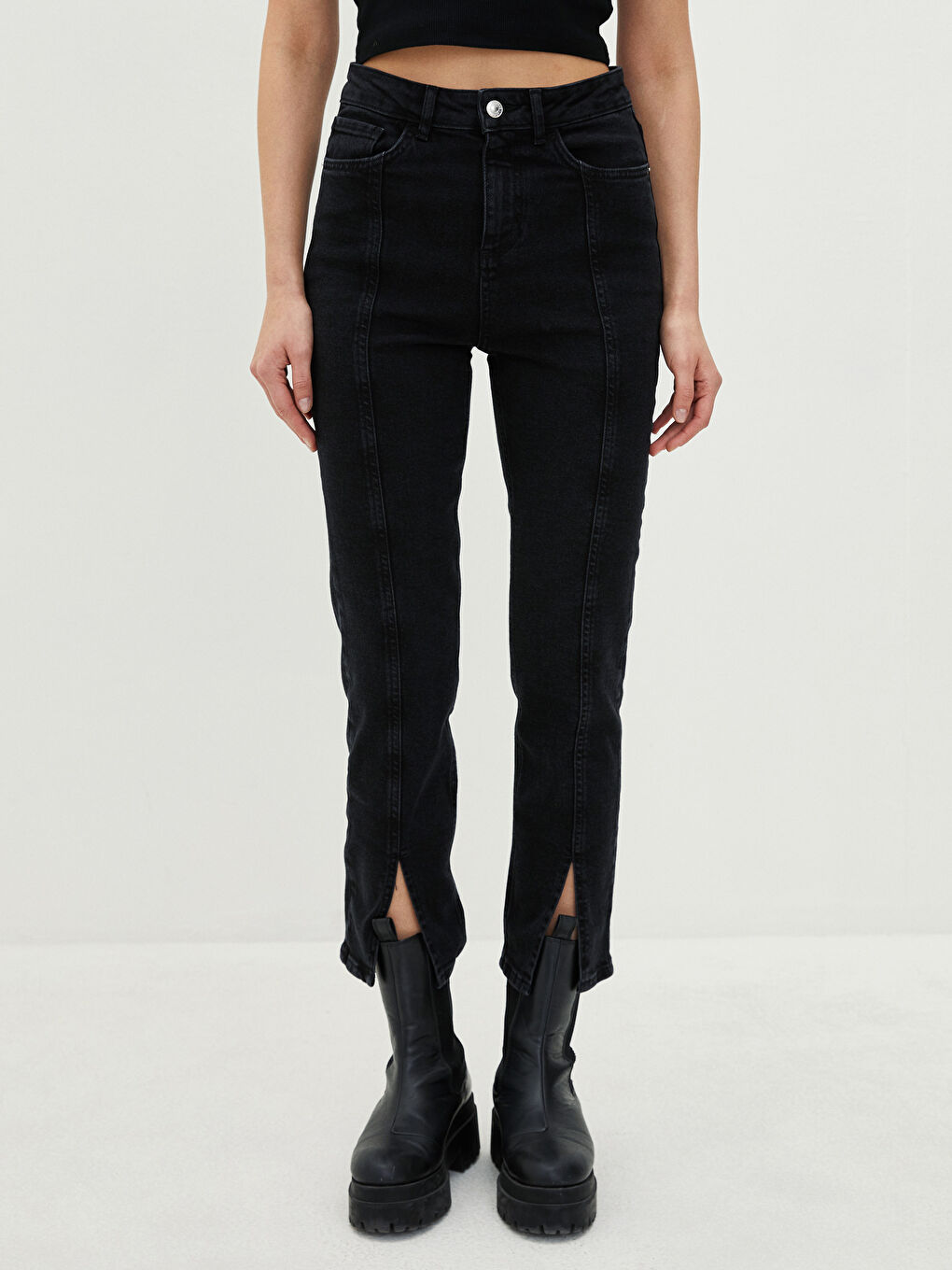 Siyah Yüksek Bel Slim Fit Cep Detaylı Kadın Rodeo Jean Pantolon-2