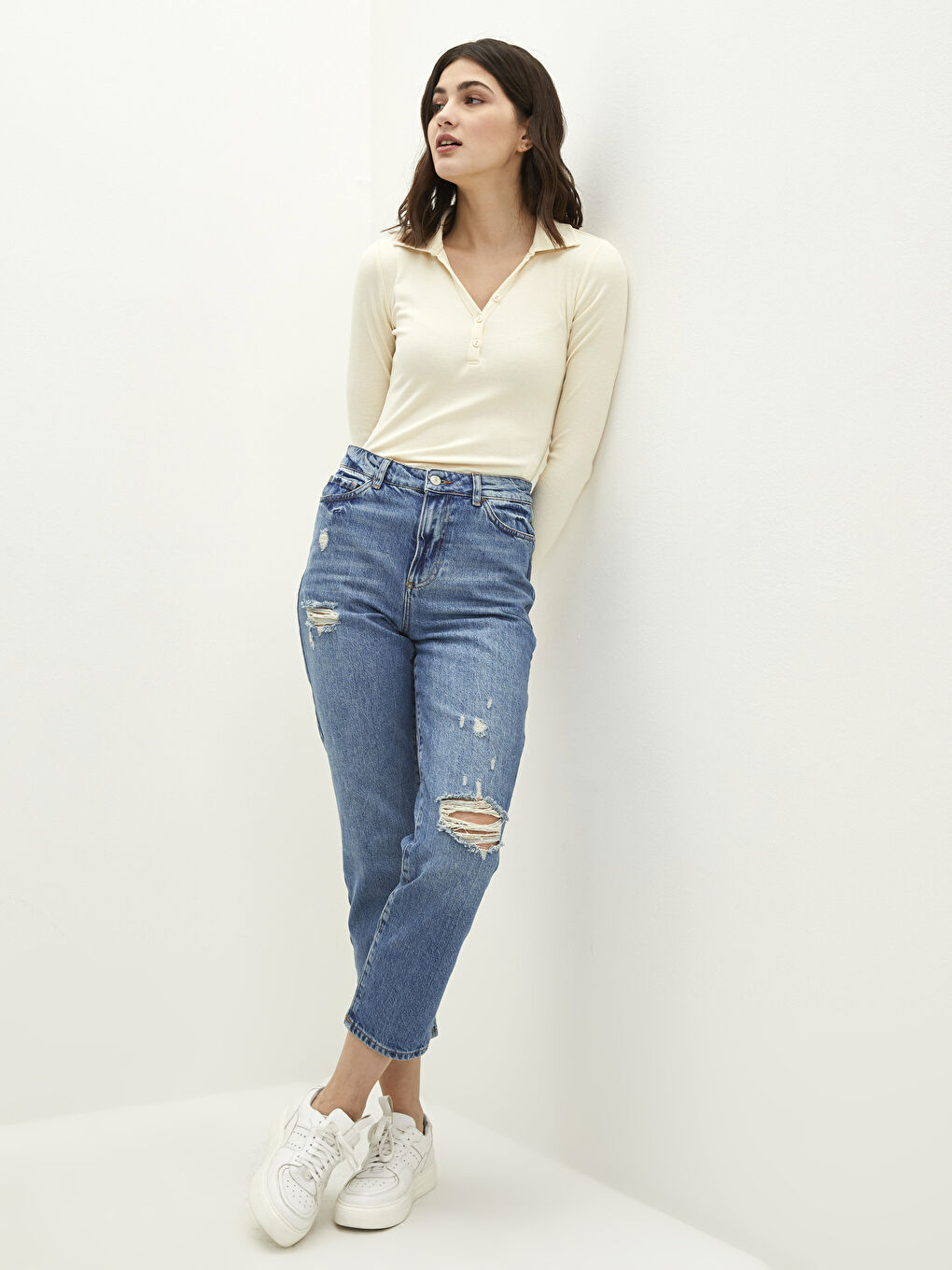 İndigo Yüksek Bel Straight Fit Cep Detaylı Kadın Rodeo Jean Pantolon-1