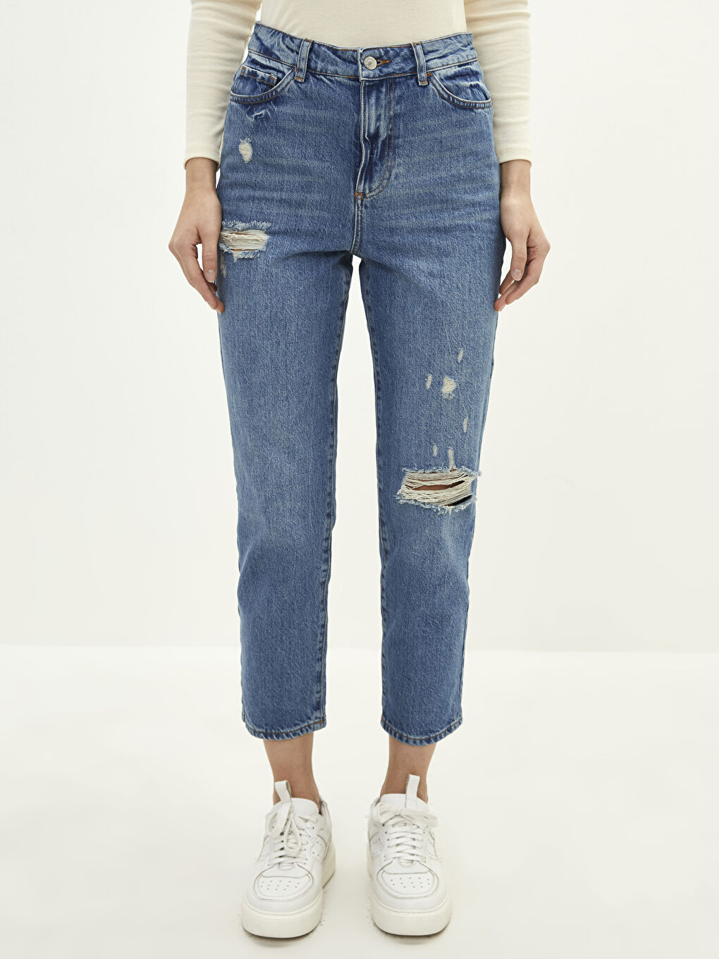 İndigo Yüksek Bel Straight Fit Cep Detaylı Kadın Rodeo Jean Pantolon-2