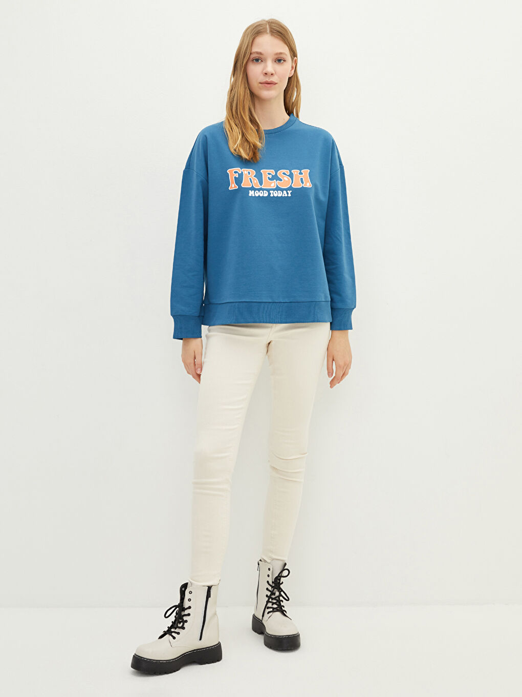 Mavi Bisiklet Yaka Yazı Baskılı Uzun Kollu Kadın Sweatshirt-1