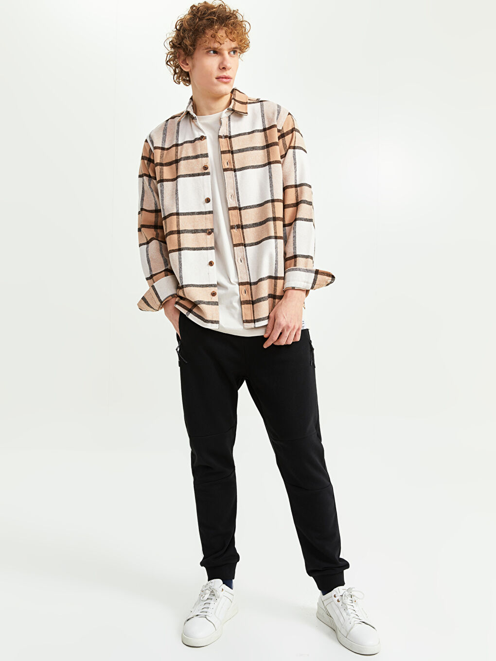 Bej Regular Fit Uzun Kollu Ekose Erkek Oduncu Gömlek Ceket-1