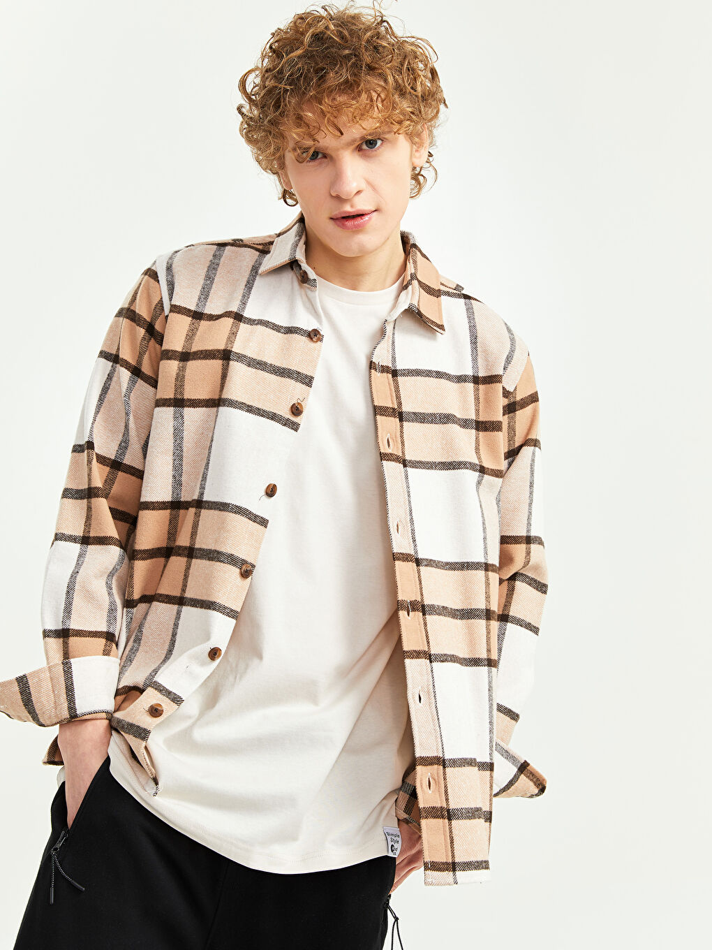 Bej Regular Fit Uzun Kollu Ekose Erkek Oduncu Gömlek Ceket-2