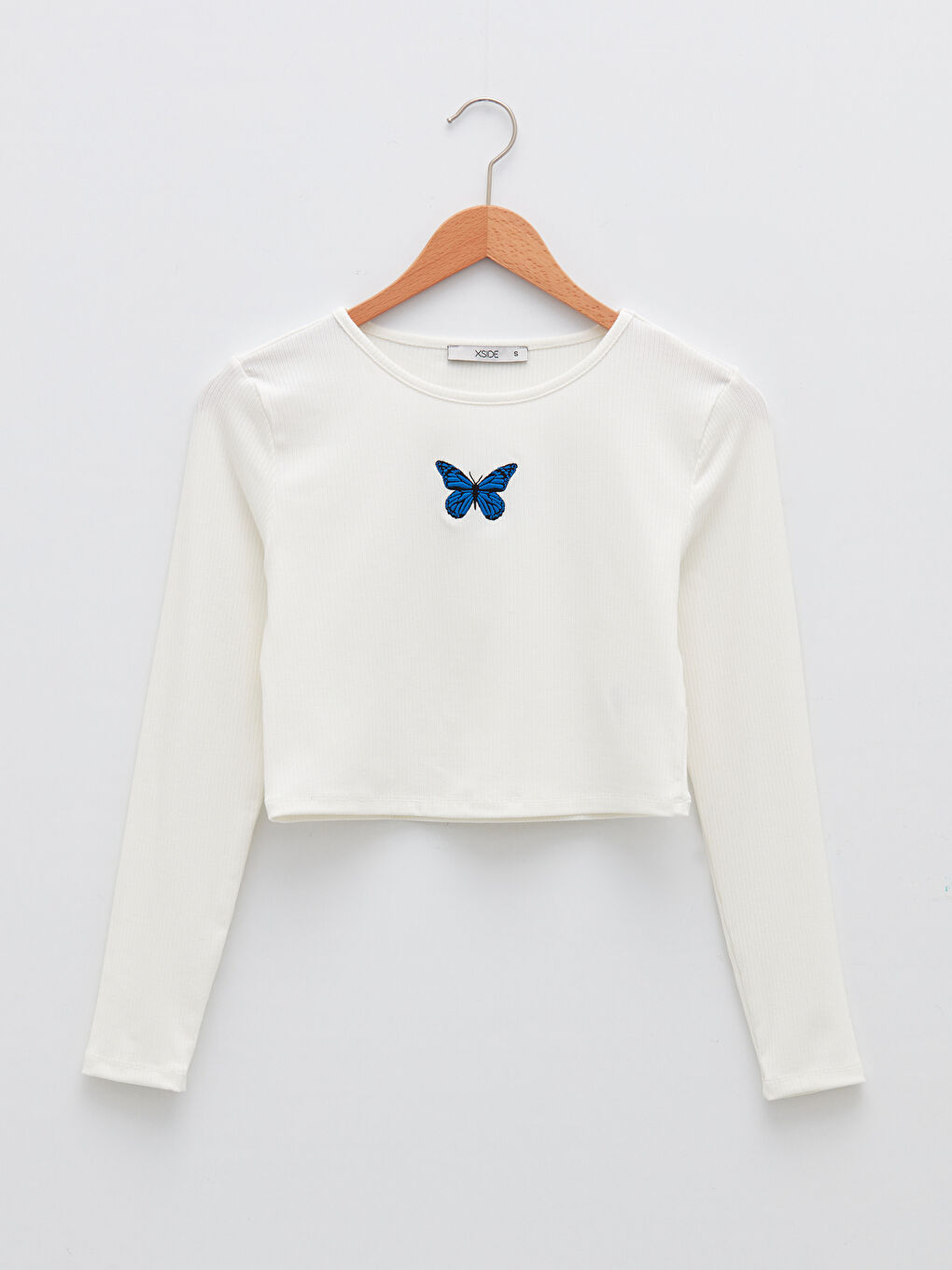 Crop Top Brodat cu Mânecă Lungă și Guler Rotund pentru Femei-5