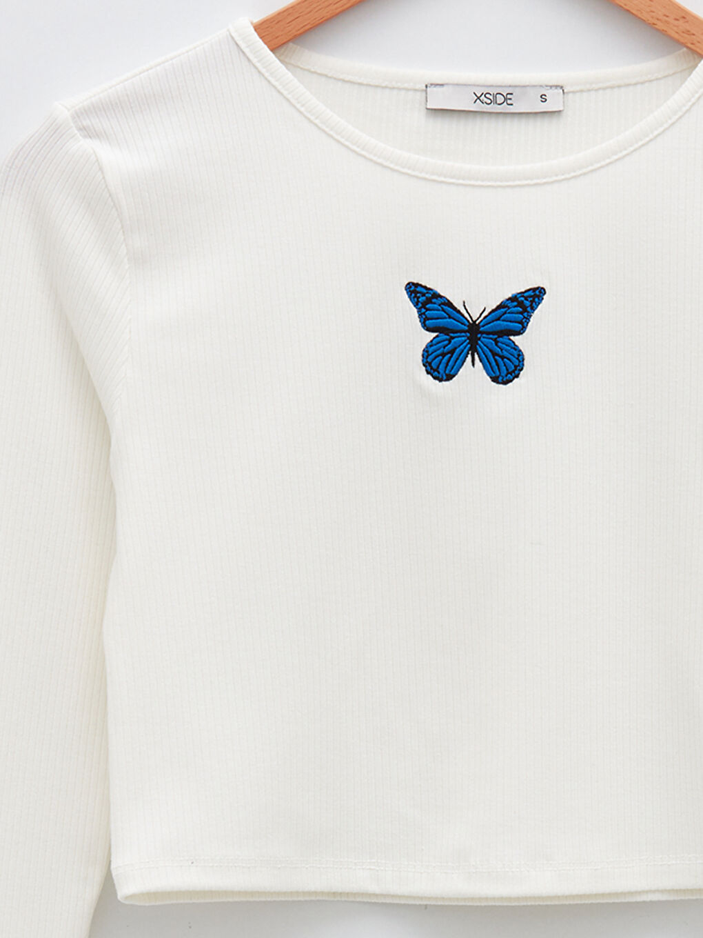 Crop Top Brodat cu Mânecă Lungă și Guler Rotund pentru Femei-7