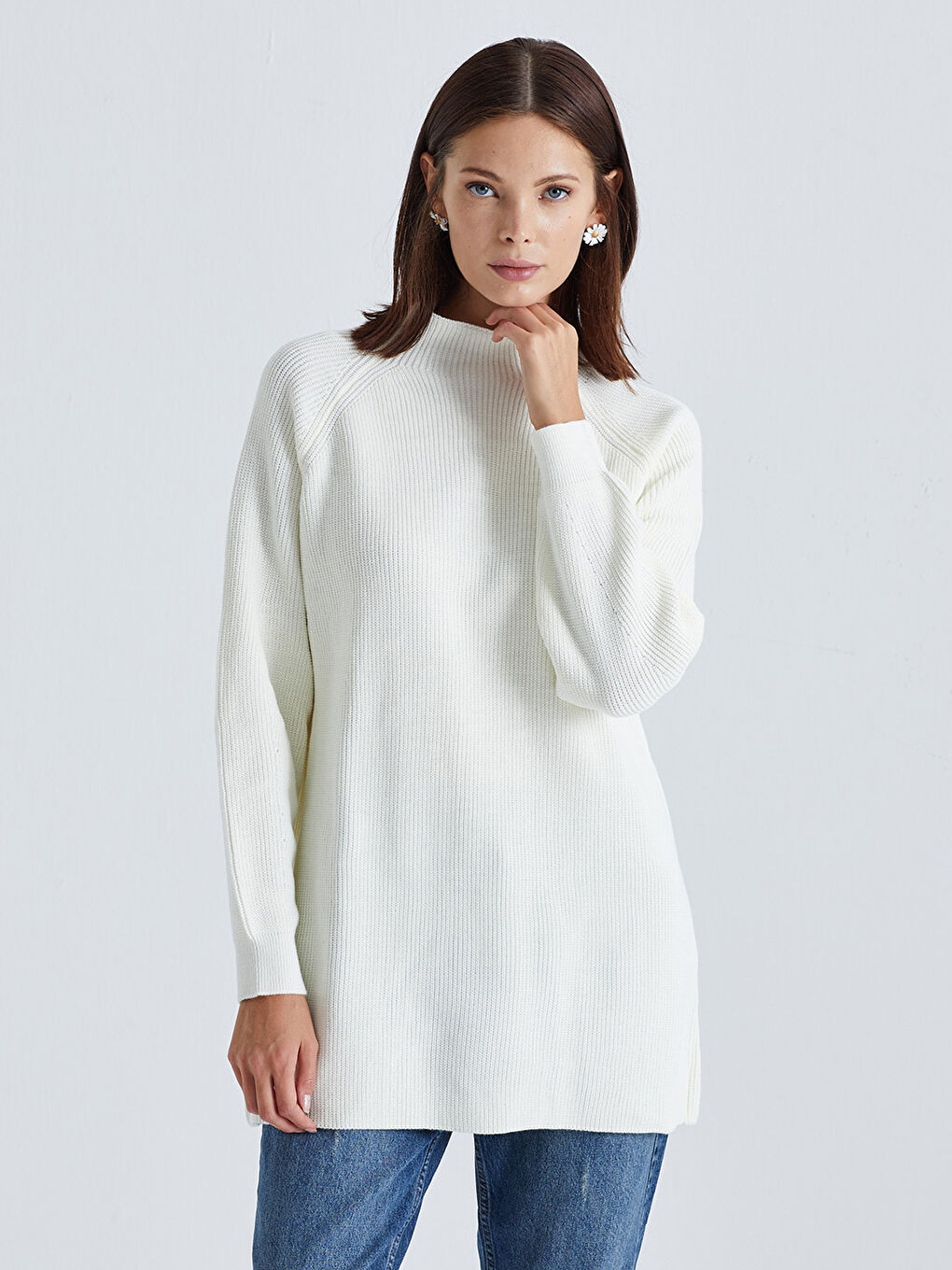 Ekru Yarım Balıkçı Yaka Kadın Triko Kazak-1