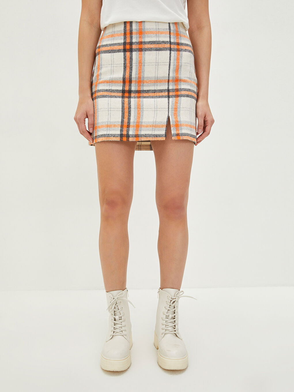 Turuncu Beli Fermuarlı Ekose Kadın Mini Etek-1