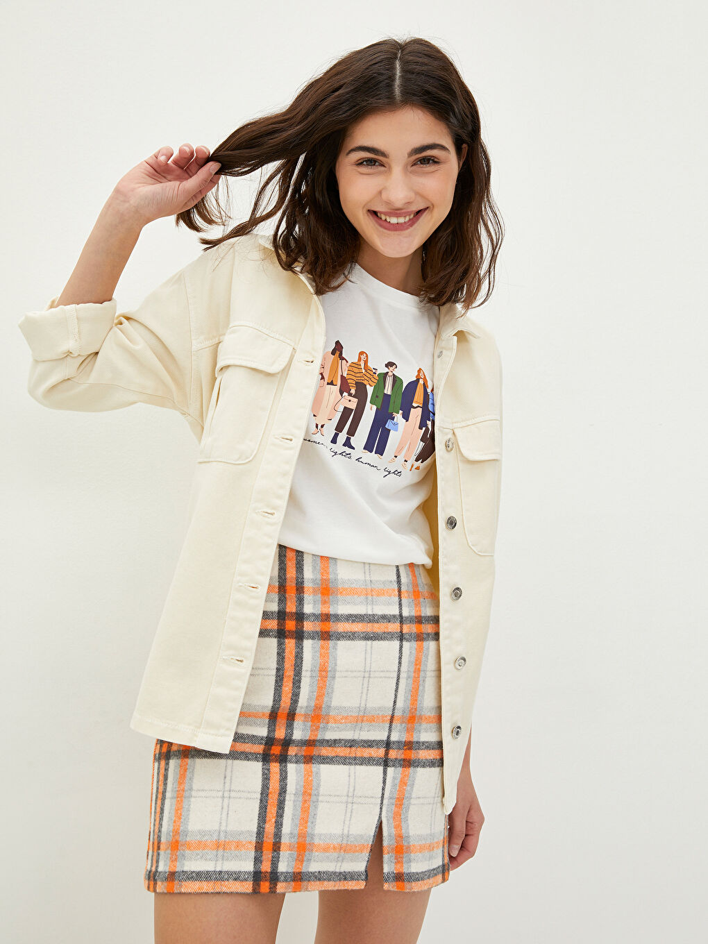 Turuncu Beli Fermuarlı Ekose Kadın Mini Etek-3