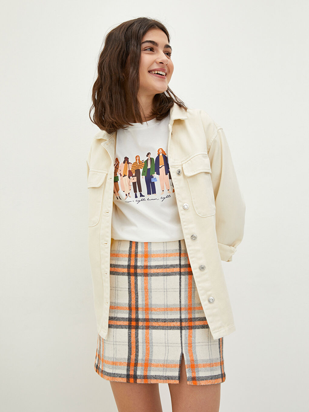 Turuncu Beli Fermuarlı Ekose Kadın Mini Etek-4