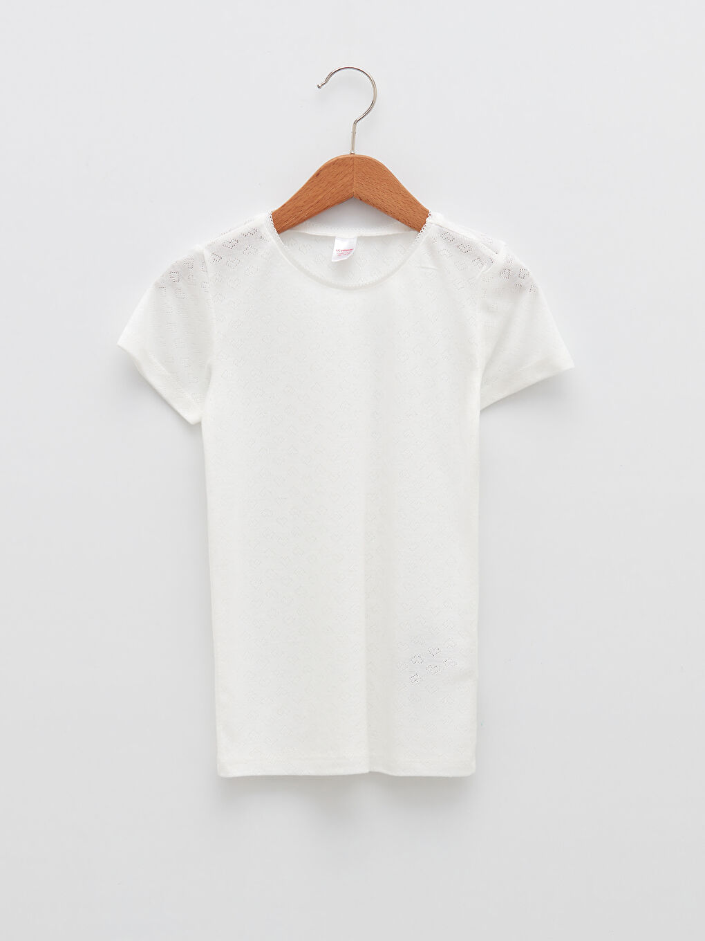 Beyaz Bisiklet Yaka Kendinden Desenli Kısa Kollu Kız Çocuk Fanila