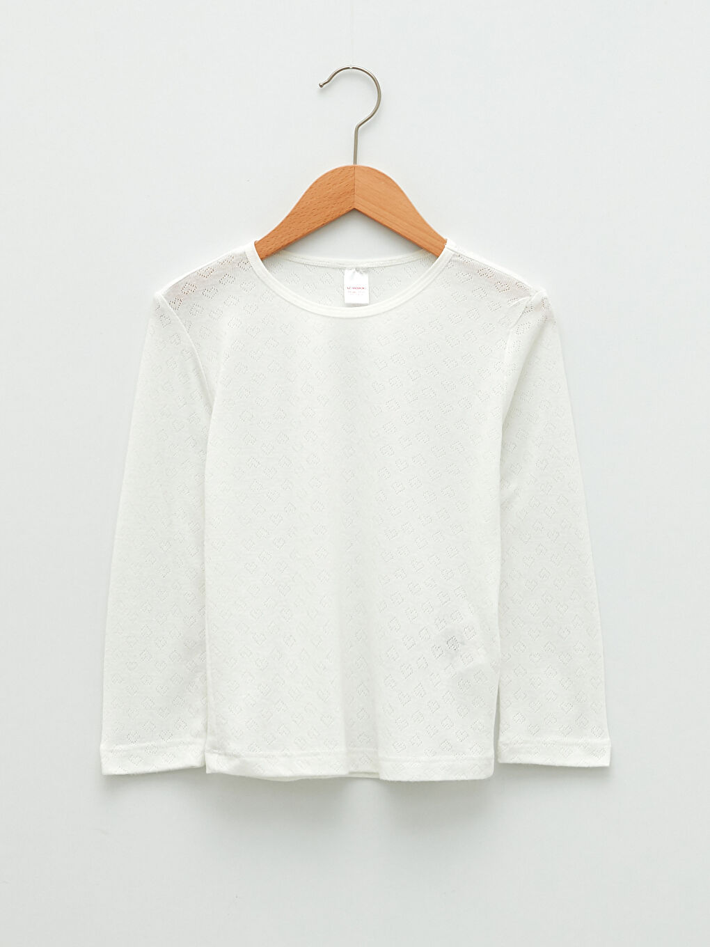 Beyaz Bisiklet Yaka Kendinden Desenli Uzun Kollu Kız Çocuk Fanila