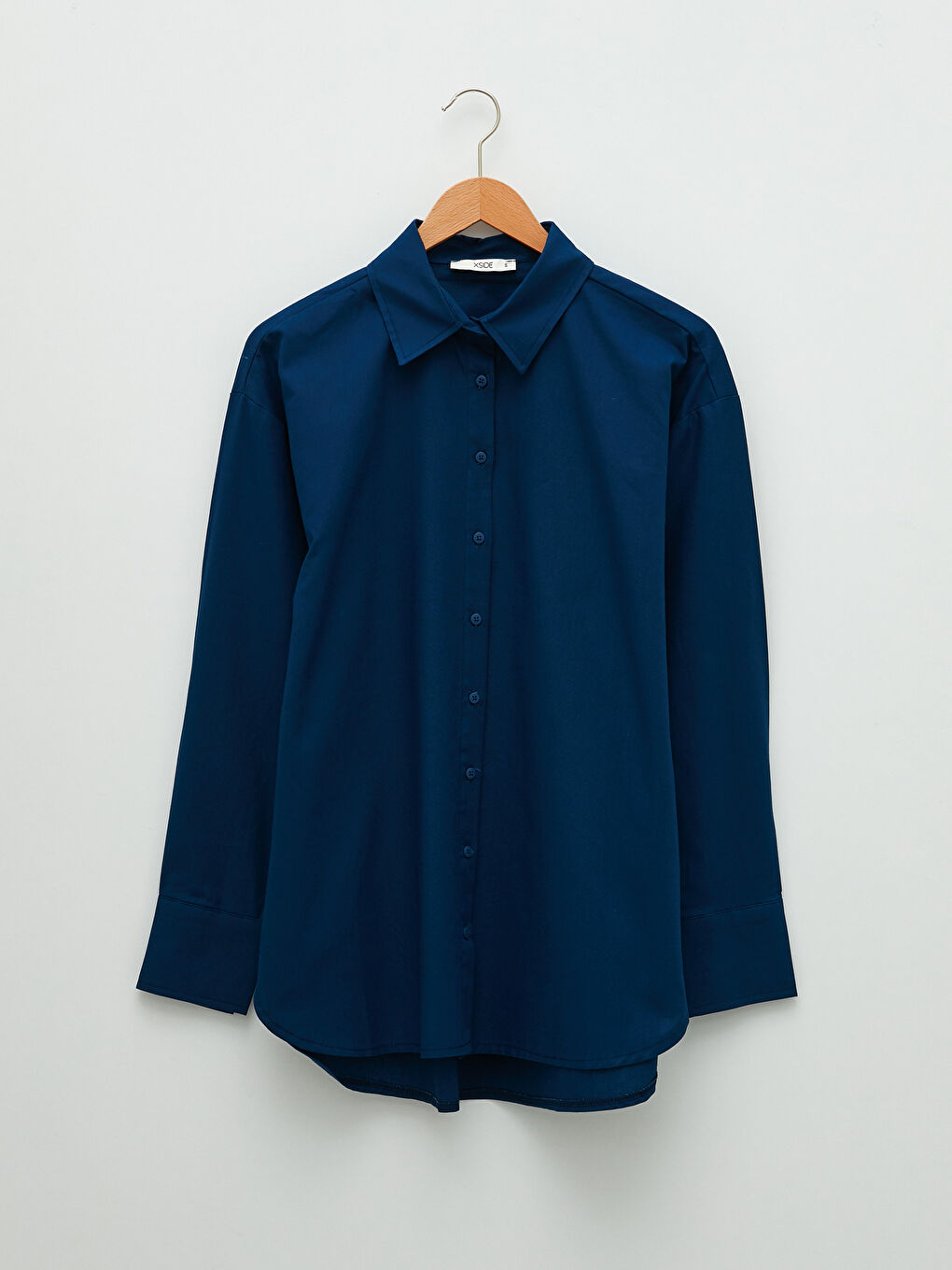 Lacivert Önden Düğme Kapamalı Düz Uzun Kollu Poplin Kadın Gömlek-5