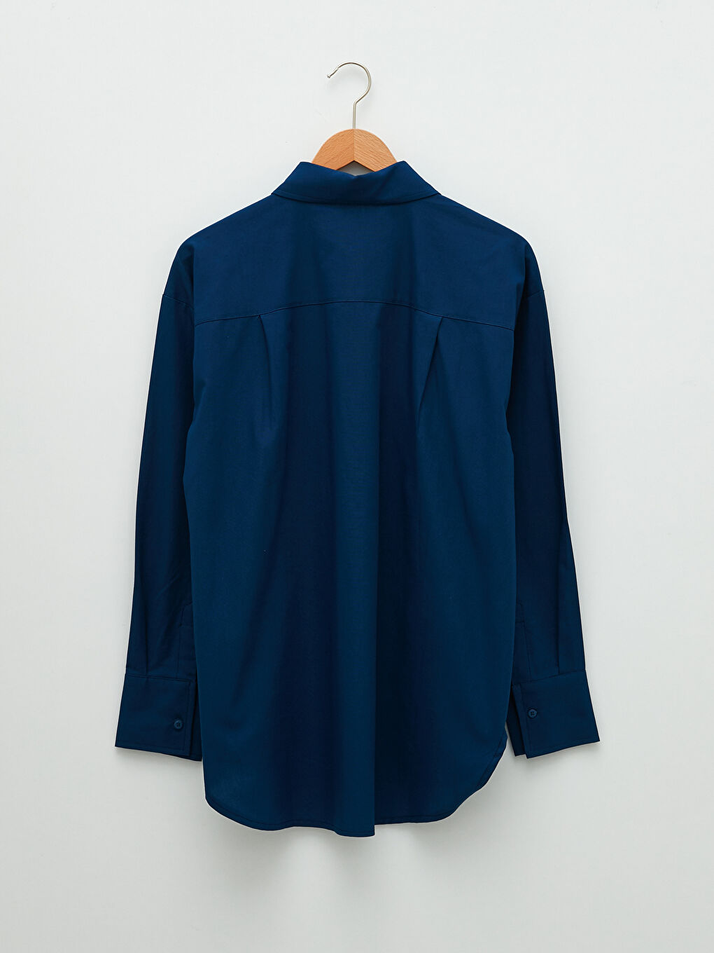 Lacivert Önden Düğme Kapamalı Düz Uzun Kollu Poplin Kadın Gömlek-6