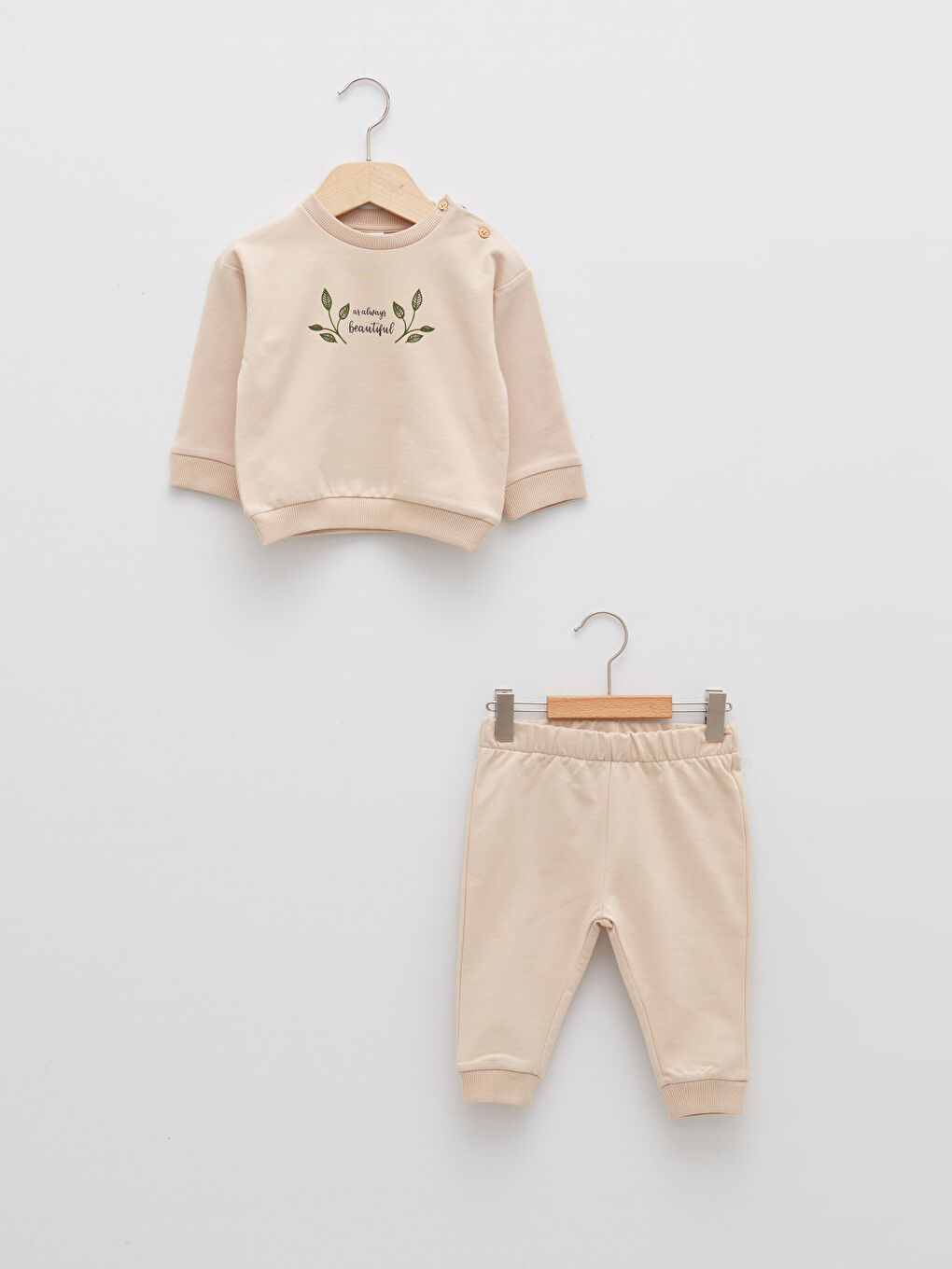 Bej Bisiklet Yaka Uzun Kollu Baskılı Kız Bebek Sweatshirt ve Pantolon 2'li Takım