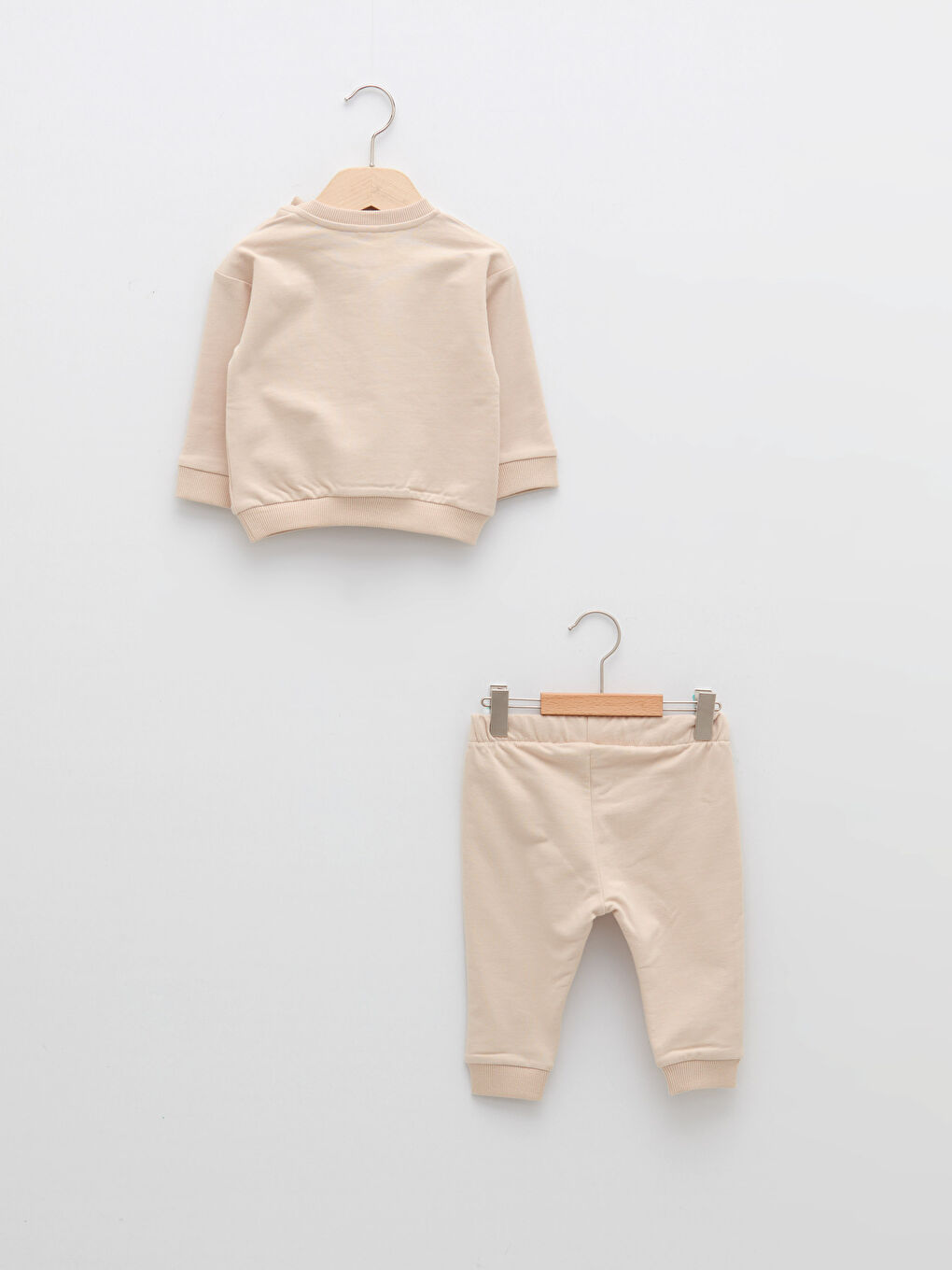 Bej Bisiklet Yaka Uzun Kollu Baskılı Kız Bebek Sweatshirt ve Pantolon 2'li Takım-1