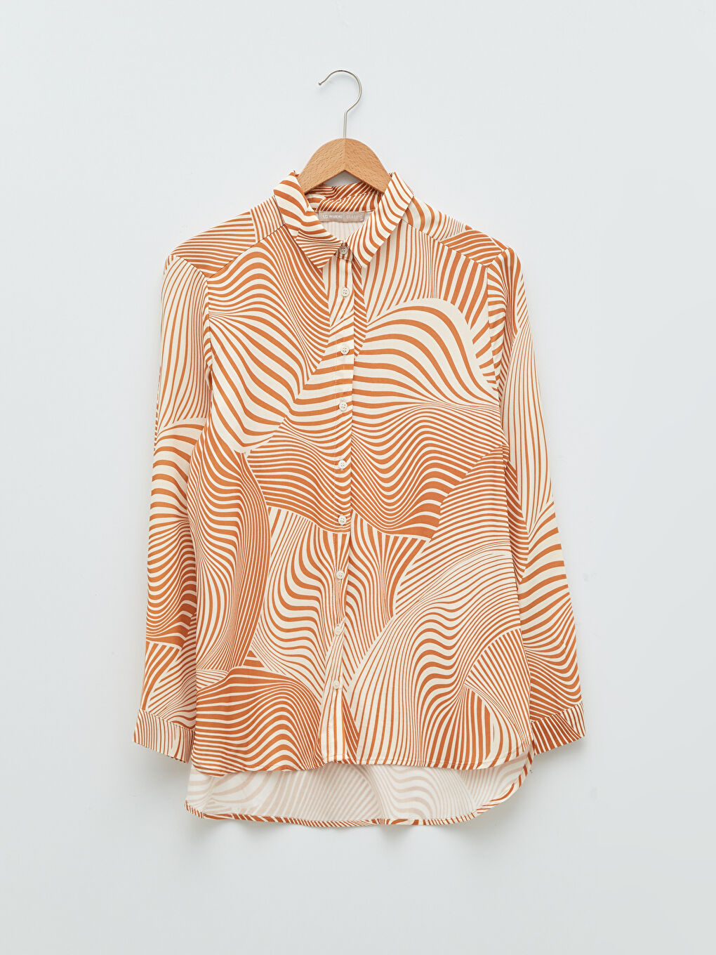 Bej Önden Düğme Kapamalı Desenli Uzun Kollu Viskon Kadın Gömlek-6