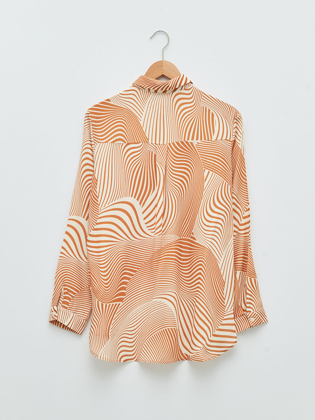 Bej Önden Düğme Kapamalı Desenli Uzun Kollu Viskon Kadın Gömlek-7