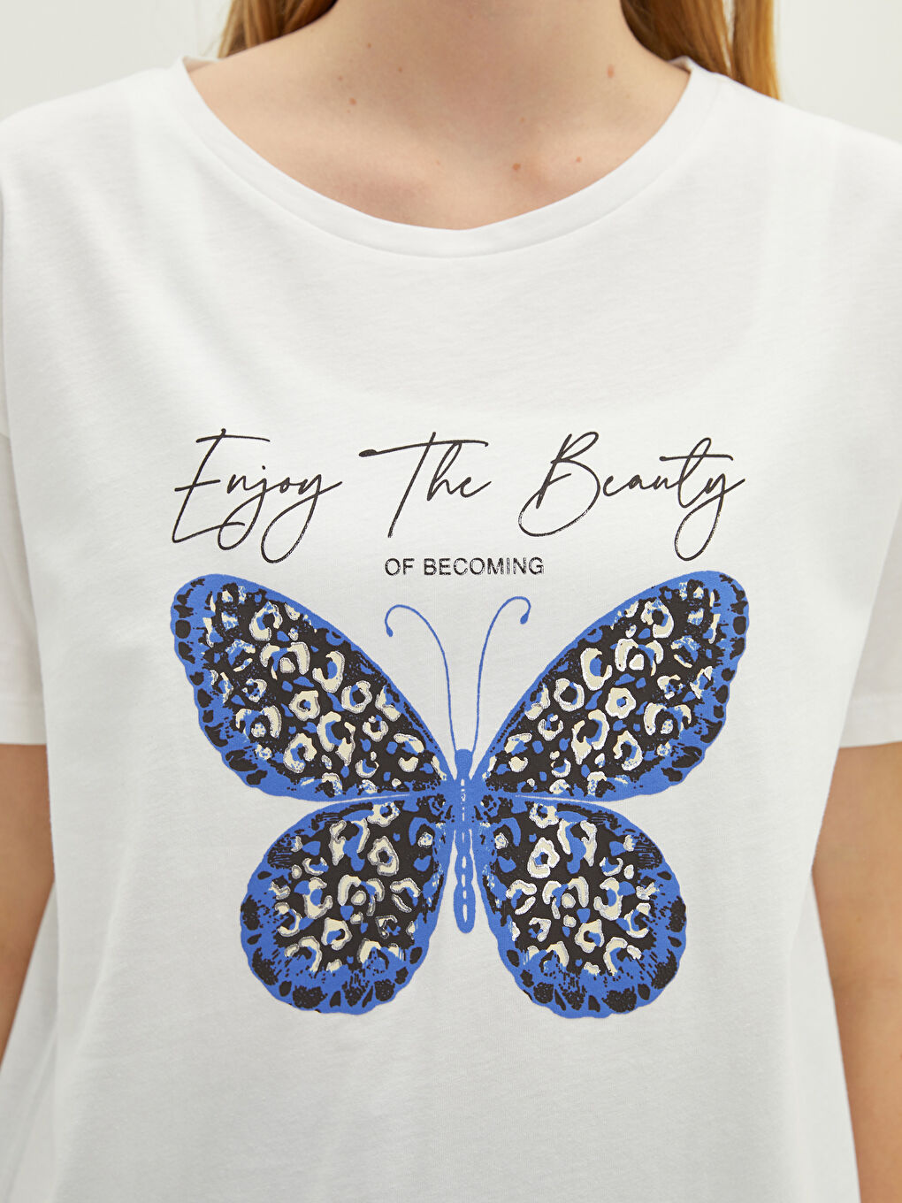 Ekru Bisiklet Yaka Baskılı Kısa Kollu Pamuklu Kadın Tişört-2