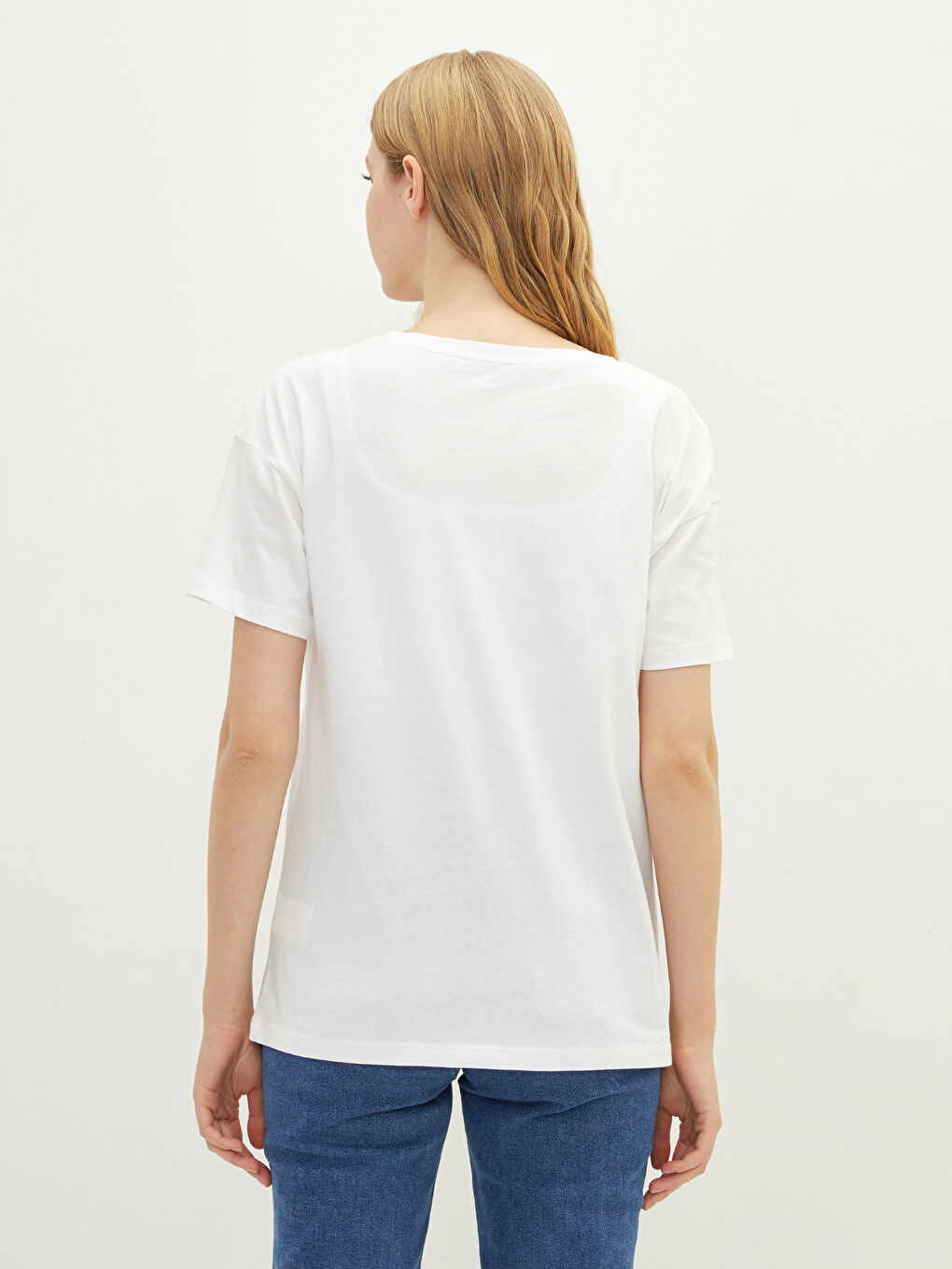 Ekru Bisiklet Yaka Baskılı Kısa Kollu Pamuklu Kadın Tişört-3