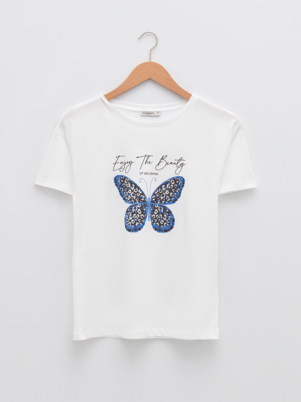 Ekru Bisiklet Yaka Baskılı Kısa Kollu Pamuklu Kadın Tişört-4