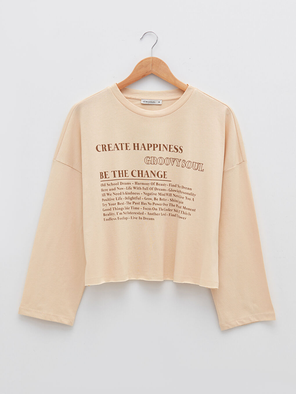 LCW Vision Crew Neck Slogan Printed Long Sleeve Cotton Women's T-shirt -W1M444Z8-FZT