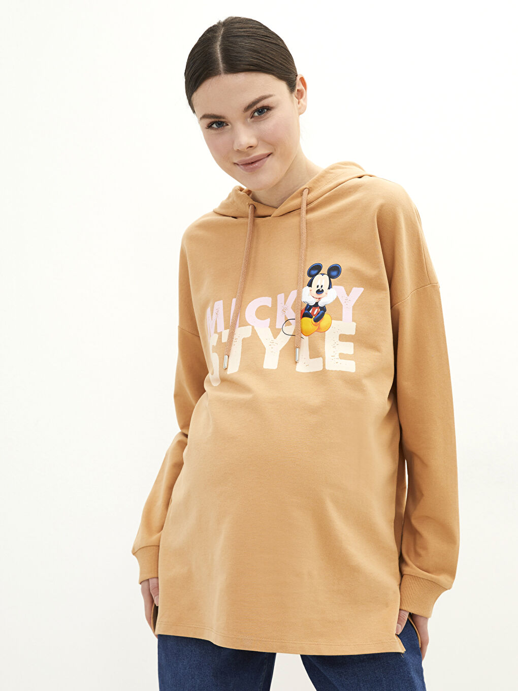 LCWAIKIKI Maternity Tarçın Mickey Mouse Baskılı Uzun Kollu Hamile Hoodie - 1