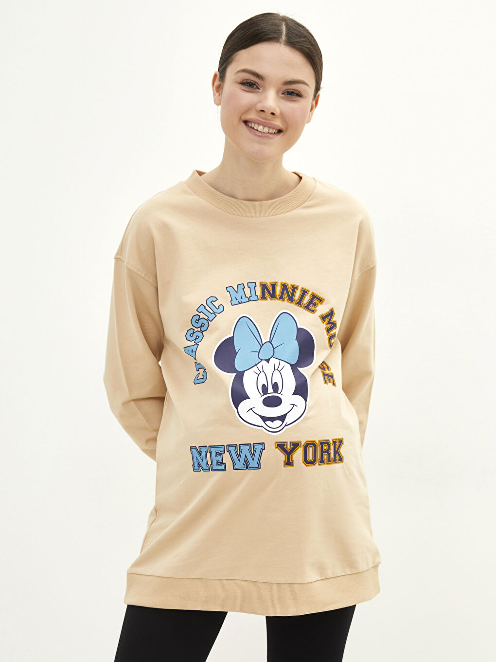 Bej Bisiklet Yaka Minnie Mouse Baskılı Uzun Kollu Hamile Sweatshirt-1