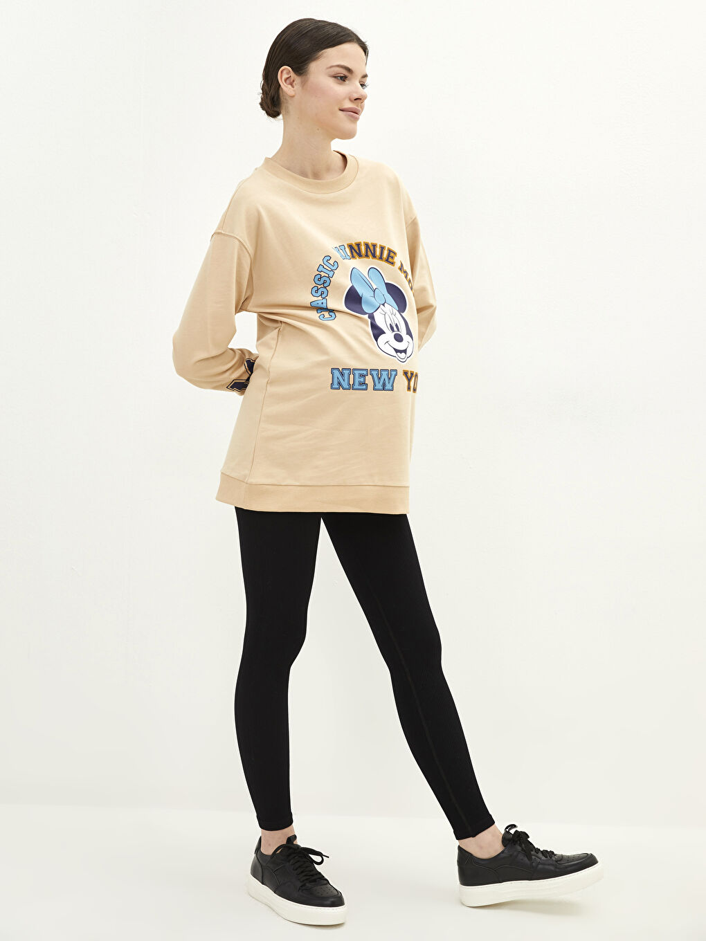 Bej Bisiklet Yaka Minnie Mouse Baskılı Uzun Kollu Hamile Sweatshirt-2