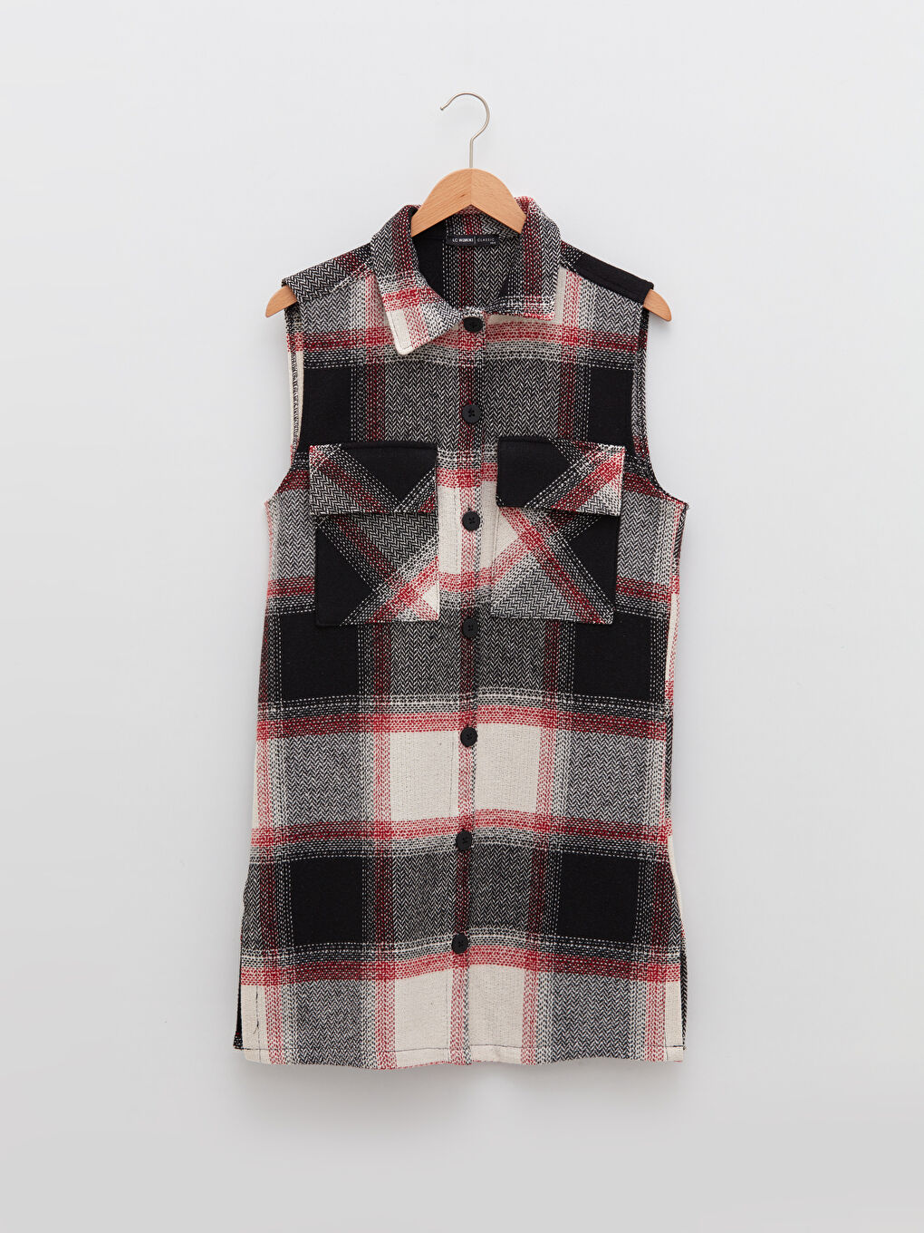 Siyah Gömlek Yaka Ekose Kadın Yelek-4