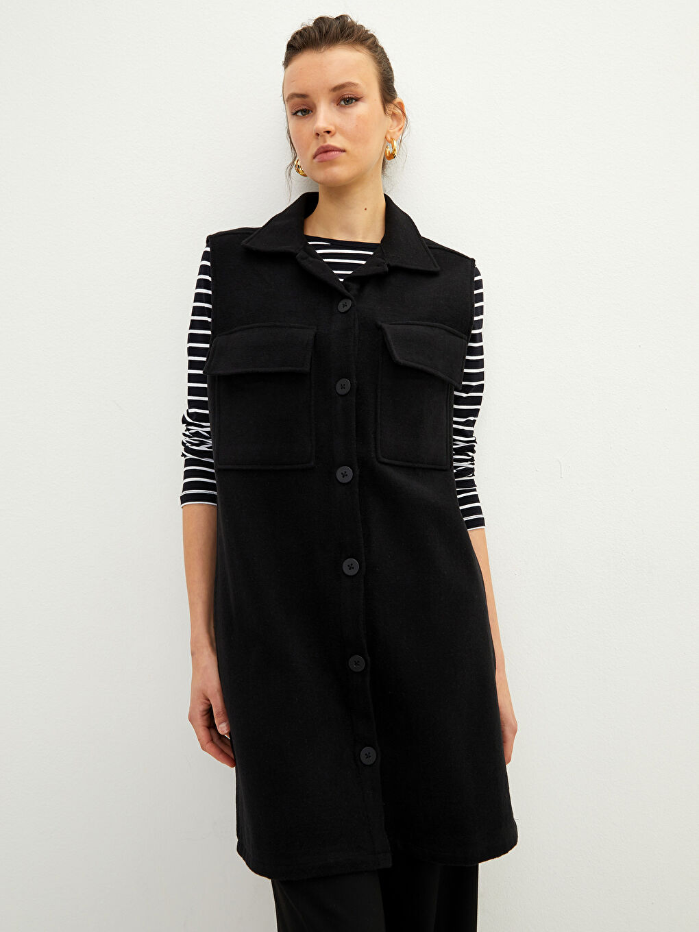 Siyah Kadın Gömlek Yaka Düz Yelek