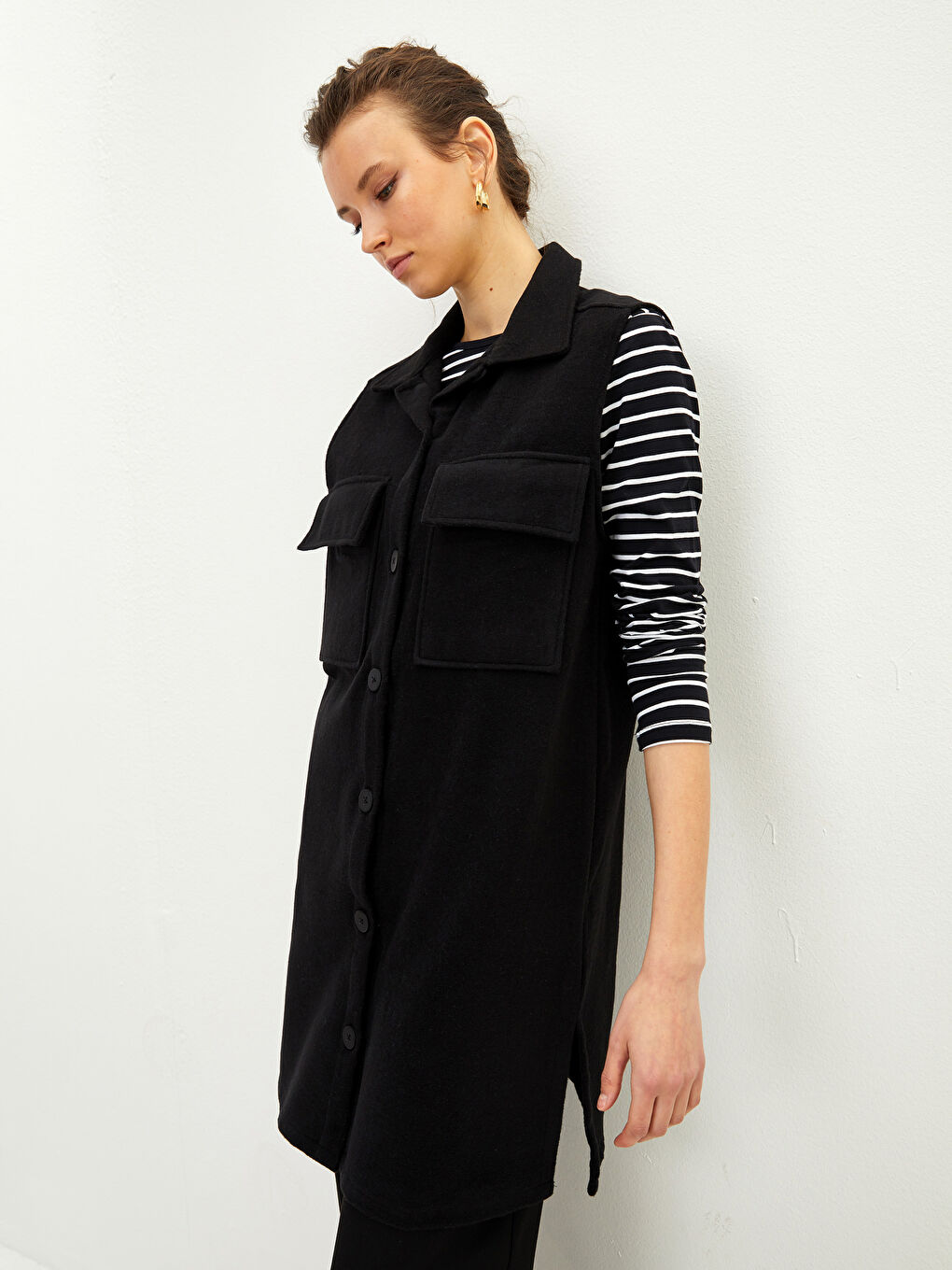 Siyah Kadın Gömlek Yaka Düz Yelek-1