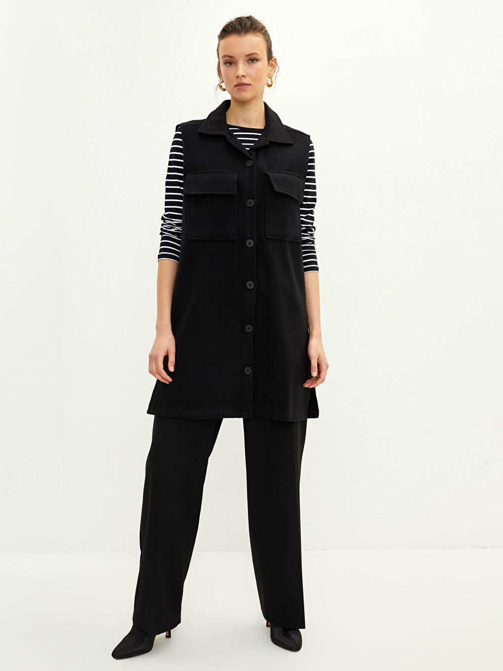 Siyah Kadın Gömlek Yaka Düz Yelek-2