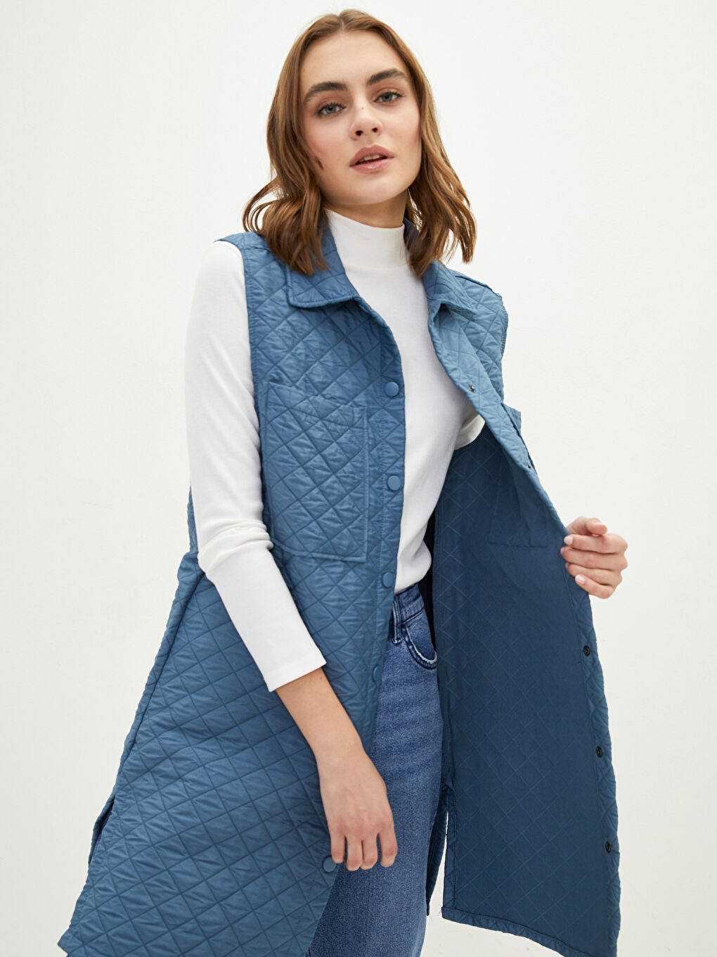 İndigo Gömlek Yaka Kapitone Desenli Kadın Yelek-2