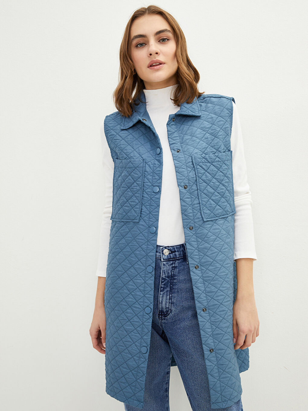 İndigo Gömlek Yaka Kapitone Desenli Kadın Yelek-4