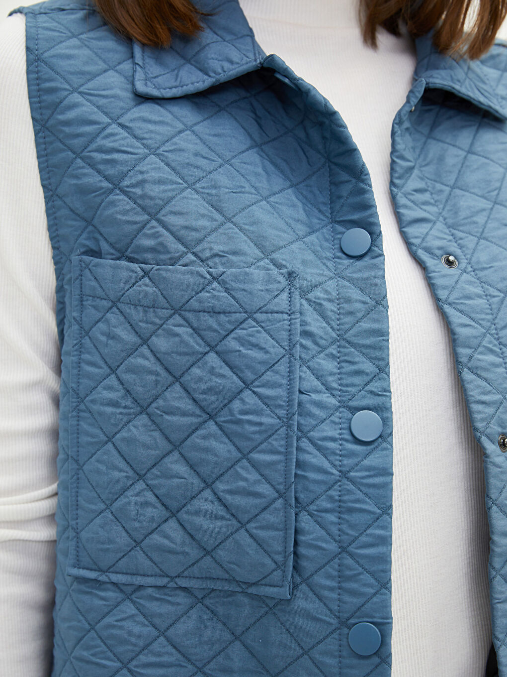 İndigo Gömlek Yaka Kapitone Desenli Kadın Yelek-5