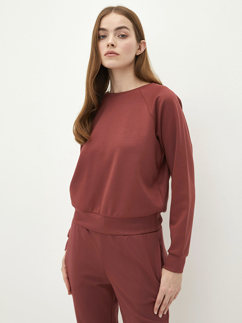 Pembe Bisiklet Yaka Düz Uzun Kollu Kadın Sweatshirt