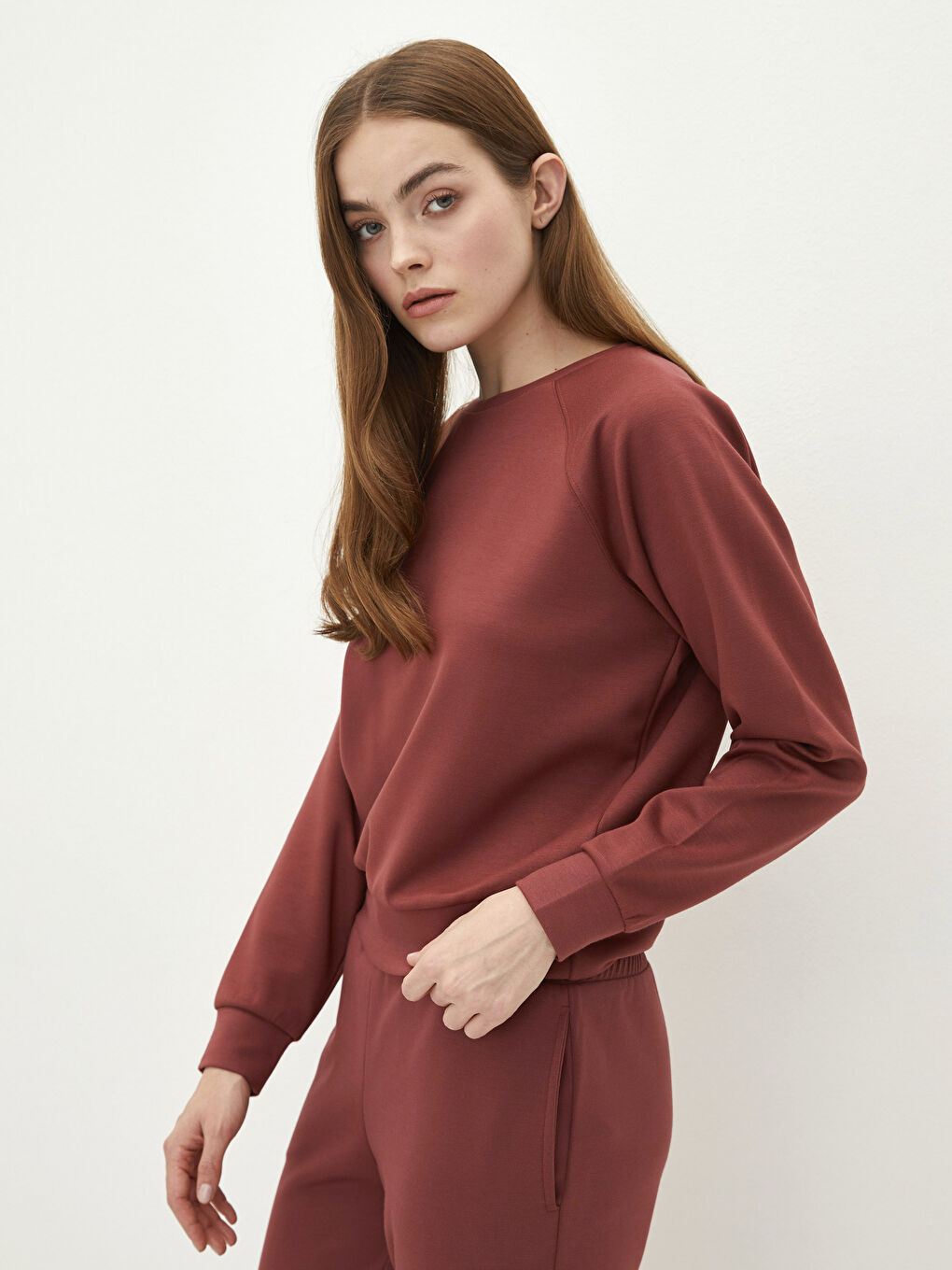 Pembe Bisiklet Yaka Düz Uzun Kollu Kadın Sweatshirt-1