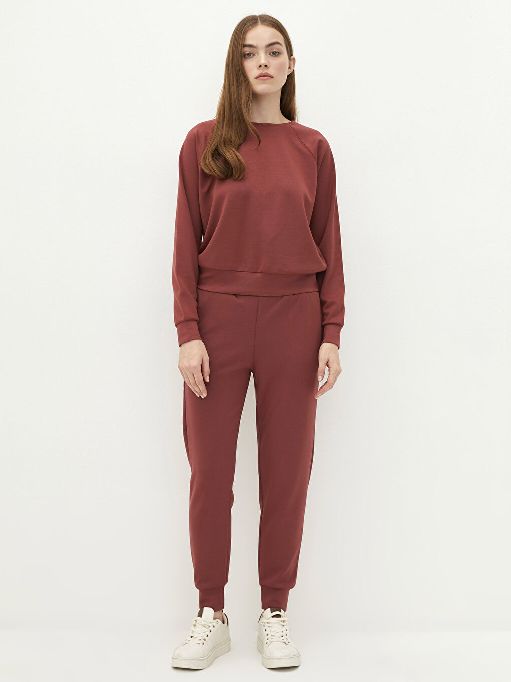 Pembe Bisiklet Yaka Düz Uzun Kollu Kadın Sweatshirt-2